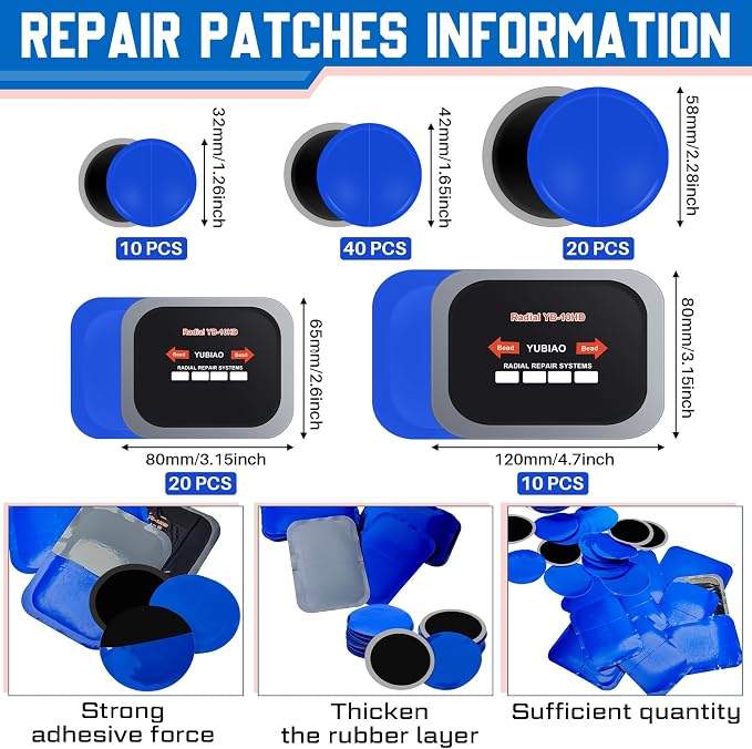 Tallew 100 Pcs Tire Patches 5 Sizes Rubber Radial Tire Repair Patch Plug Kit Heavy Duty Emergency Repair Tool for Puncture Car Truck Bus Tractor Vehicle Motorcycle 32, 42, 58, 65x80, 85x120 mm