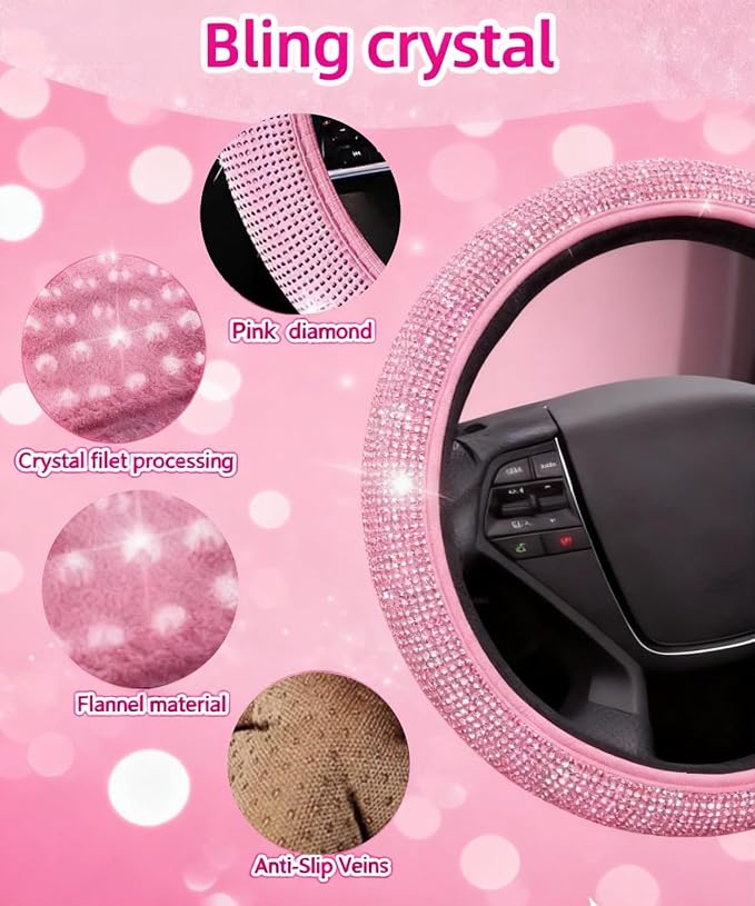11 pcs Bling Car Accessories Set for Women, Steering Wheel Cover, Sparkly Seat Belt Covers, Daisy Vent Clips, Bling Shift Cover，Universal Fit Most Cars (Pink Diamond)