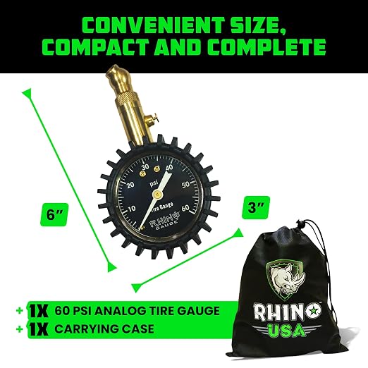 Rhino USA Heavy Duty Tire Pressure Gauge (0-60 PSI) - Certified ANSI B40.1 Accurate, Large 2" Easy Read Glow Dial, 360 Swivel Head, Solid Brass Hardware, Best for Any Car, Truck, Motorcycle, RV