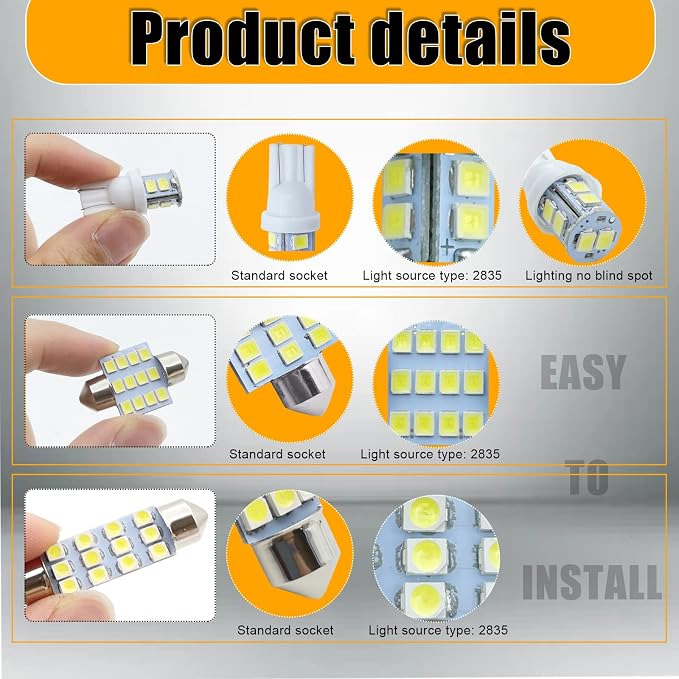 QuicTO LED Interior Light Set, 24 Pieces, White, Compatible with Most Vehicles