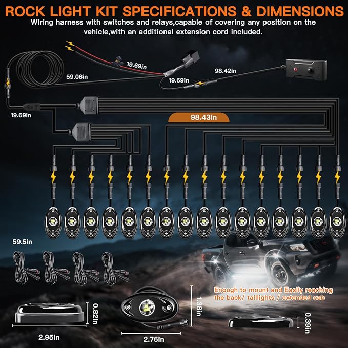 Rock Lights,LEDMIRCY R1 LED Pure White Rock Lights with Switch Wire Harness Kit(16Pods) Super Brigh Luces para Carro for Trucks ATV UTV Off Road Boat High Power Light Waterproof Shockproof