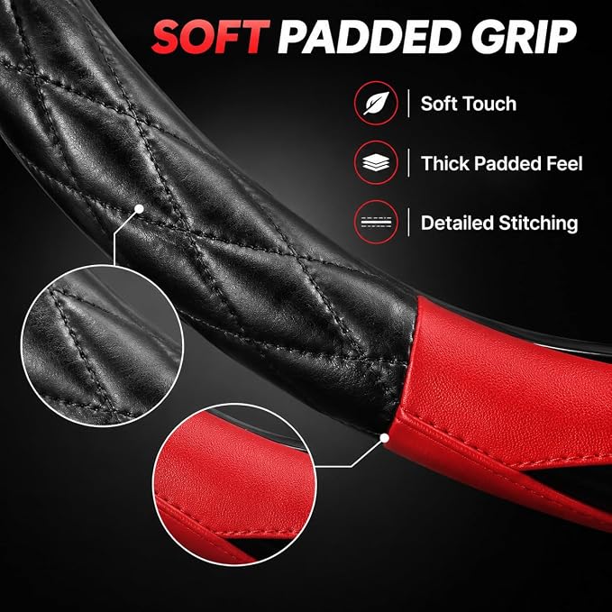 Couslcd 14.5-15 Inch Leather Steering Wheel Cover with Soft Padded Lining, Anti-Slip Comfort Grip, Universal Steering Wheel Protector for Most Cars, SUVs, Trucks (Red)