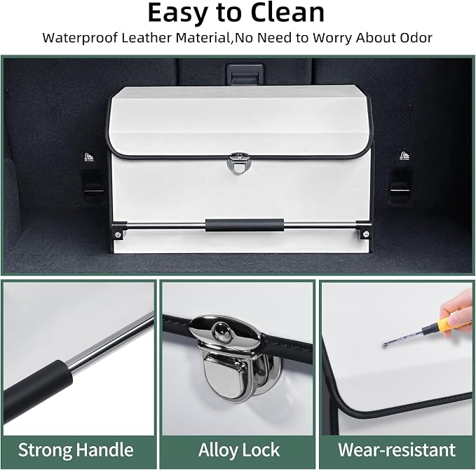 Trunk Organizer for Car with Lid Leather Trunk Organizer Car Organizer | SUV Trunk Organizer with Push-pull Handle Car Trunk Storage Organizer for Minivan, Truck, Sedan (White, 20.47x11.42x12.2in)