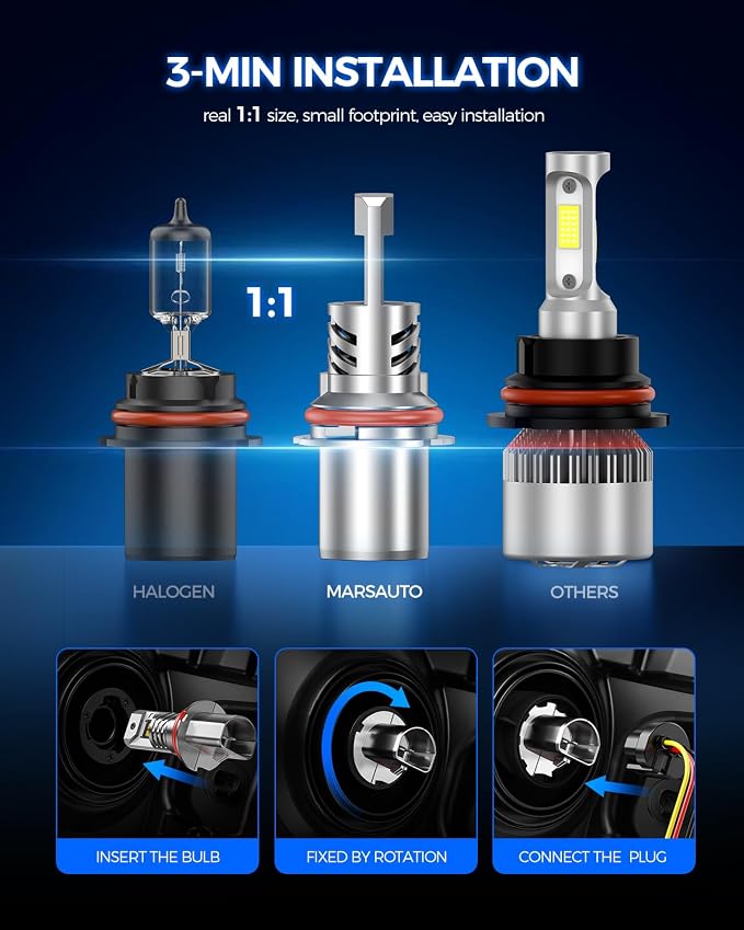 Marsauto 9007 HB5 Bulbs, 70000LM Super Bright 6500K Cool White, 1:1 Mini Size, No Adapter Required Easy Install, IP68, Pack of 2