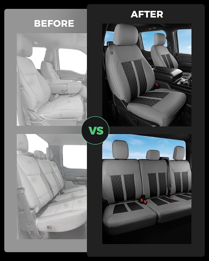 for Ford F150 Leather Seat Covers, SuperCrew XL XLT 2021-2026, F250 F350 F450 Super Duty Crew Cab 2023-2026, Custom Truck Seat Cover Full Set, Pickup Accessories, Gray Black (Bucket Seat)