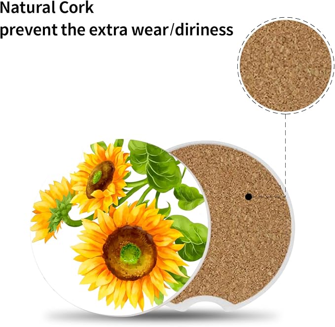 Sunflower Car Coasters for Drinks Absorbent,2 Pack Cup Holders,2.56" Ceramic Stone & Non-Scratch Cork Base Coasters,Auto Accessories for Women & Men