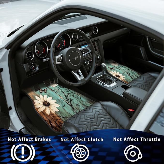 Nature Car Floor Mats Set of 4 Rustic Daisy Butterfly Wooden Automotive Foot Mats Rugs Carpet for Car Non-Slip Auto Car Accessories Universal Fit for Car SUV Truck Van