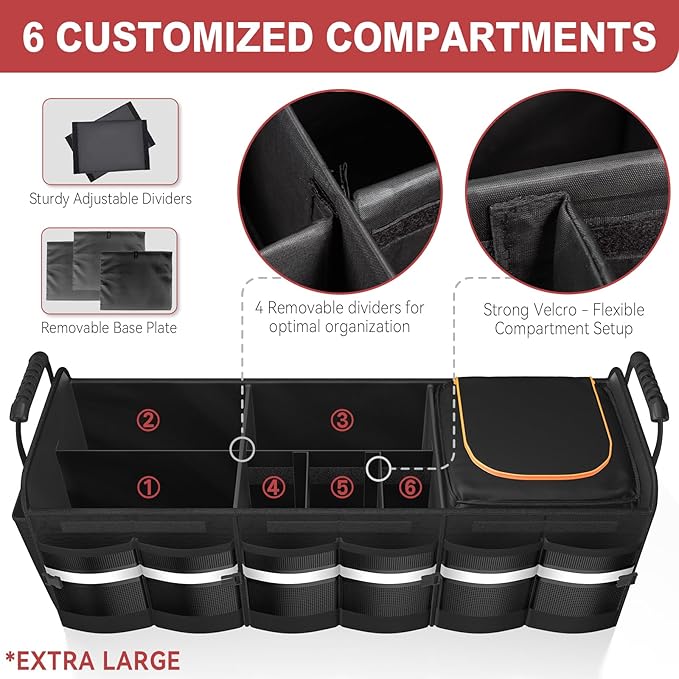 XL Heavy-Duty Trunk Organizer for Car, 6 Adjustable Compartments & Cooler | Car Trunk Organizer With Lid & Removable Leakproof Cooler Bag, Reinforced Panels, Non-Slip Base, Tie-Down Straps For Sedan