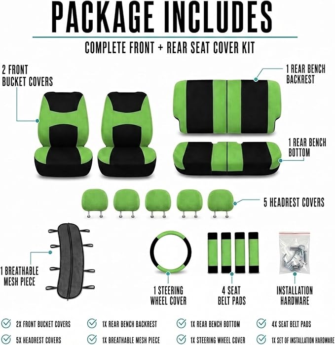 Automotive Seat Covers Green Universal Fit Combo Set with Steering Wheel Cover and Seat Belt Pad fits most Cars, SUVs, and Trucks (Airbag Compatible and Split Bench) FH Group FB030GREEN-COMBO