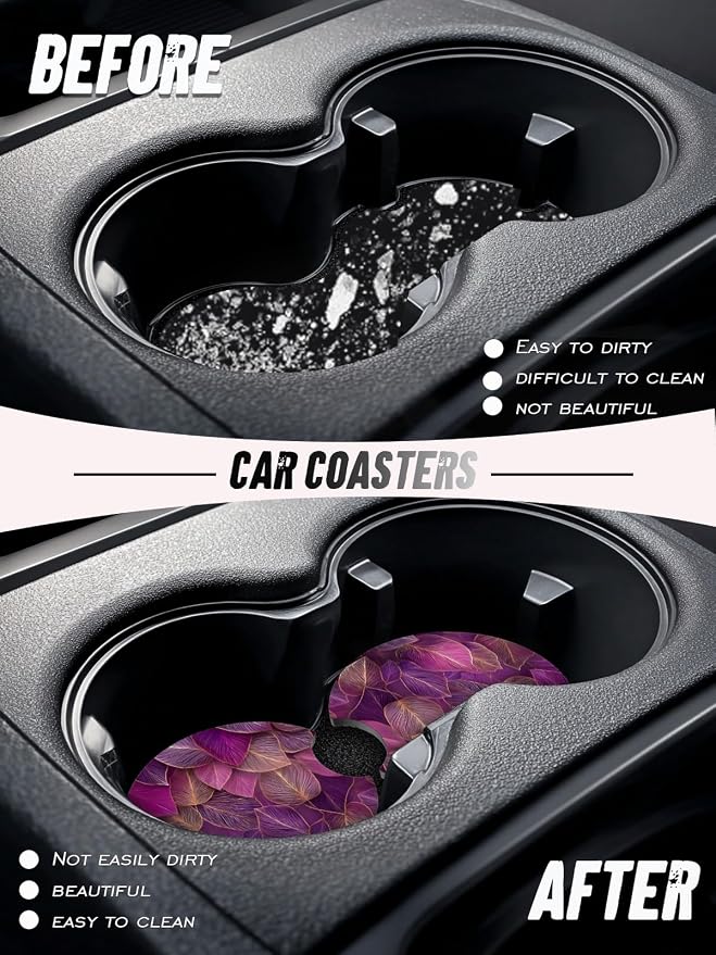 Car Cup Coasters,2 Pack Car Coaster,2.75inch Anti Slip and Absorbent Cars Coasters for Cup Holders,Neopren Accessories for Women,Cute Decor for Women (Purple Leaves)