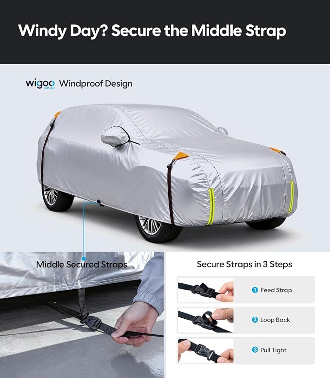 Wigoo Jeep Grand Cherokee Car Cover Accessories 1999-2026, Custom Fit Waterproof All Weather Outdoor Full SUV Cover, Windproof Sun UV Rain Snow Dust Protection, Door Zipper, Reflective Strips