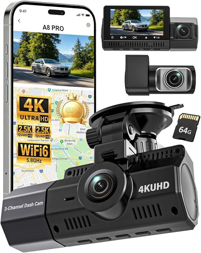 4K+2.5K+2.5K Dash Cam, IMX675 STARVIS 2 Dash Camera 3-Channel, Free 64GB Card, Dashcam with 5G WiFi GPS, G-Sensor,Loop Recording, HDR, 24H Parking Monitor, Car Dash Cam for Rideshare & Taxi