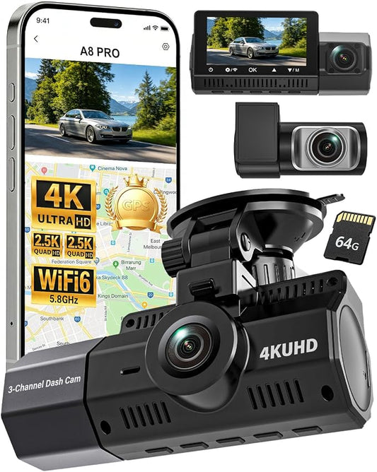 4K+2.5K+2.5K Dash Cam, IMX675 STARVIS 2 Dash Camera 3-Channel, Free 64GB Card, Dashcam with 5G WiFi GPS, G-Sensor,Loop Recording, HDR, 24H Parking Monitor, Car Dash Cam for Rideshare & Taxi