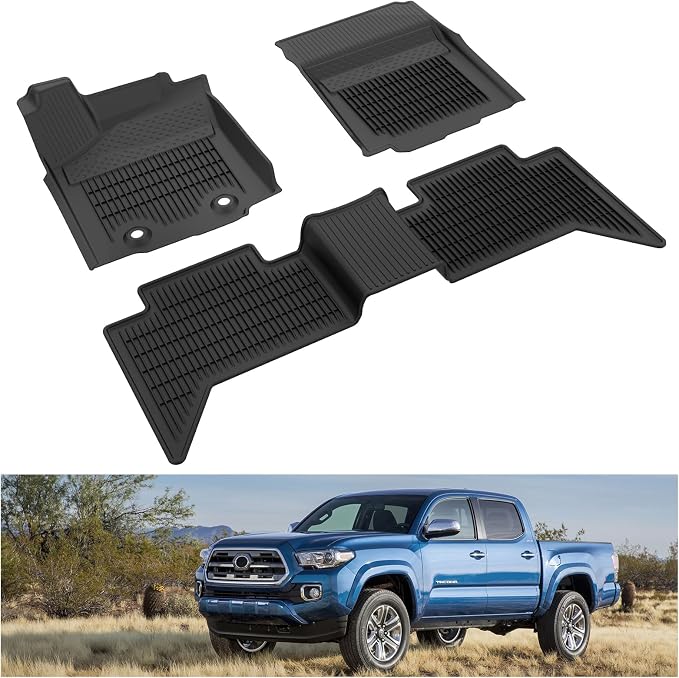 Kiwi Master Floor Mats for 2016 2017 Toyota Tacoma Double Cab Crew Cab | Custom Fit All Weather Car Mats, Heavy Duty TPE Floor Liners, Front & Rear 2 Row Set, Black