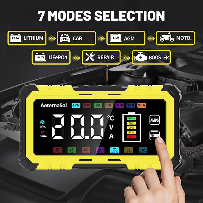 20A 12V/24V Battery Charger LiFePO4 Lead Acid Battery Maintainer,Battery Desulfator with Temperature Compensation,Smart Car Battery Trickle Charger for Car Truck Motorcycle Lawn Mower Boat