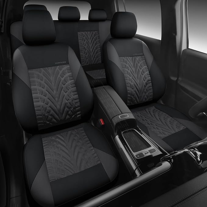 CAR PASS Neoprene Waterproof Seat Covers Full Sets, Wetsuit Car Seat Covers 5 Seats Universal Fit Vans, Truck, SUV, 3D Tyre Embossed Seat Covers Anti Slip with Armrests, Aibag Compatible(Black Gray)