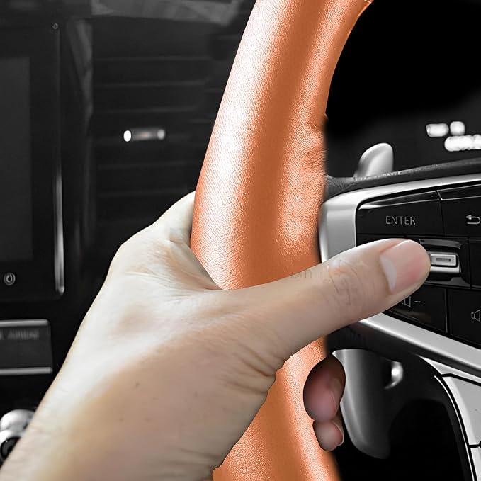 Genuine Leather Steering Wheel Cover, 15 Inch Stitch on Wheel Wrap with Needles & Threads, Breathable Steering Wheel Protector DIY Sewing Wrap for Car Truck SUV (Brown, Glossy)