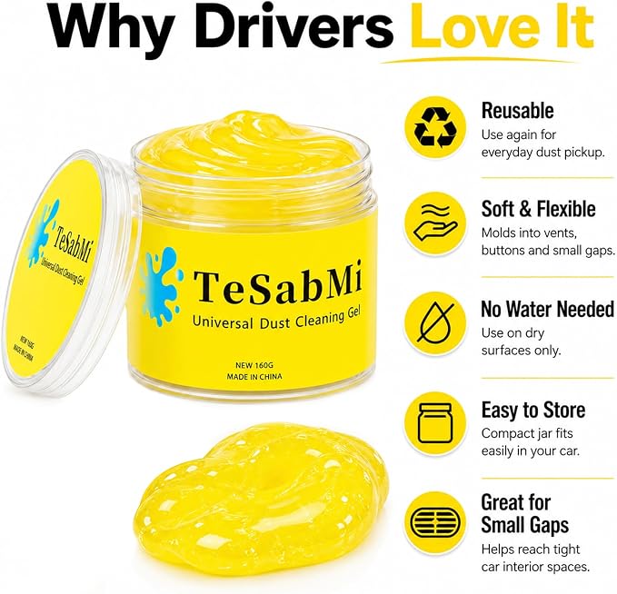 TeSabMi Car Cleaning Gel, Reusable Cleaning Putty for Vents & Gaps, 160g | For air vents, dashboard gaps, cup holders and console buttons; picks up dry dust, crumbs and lint. No water needed.