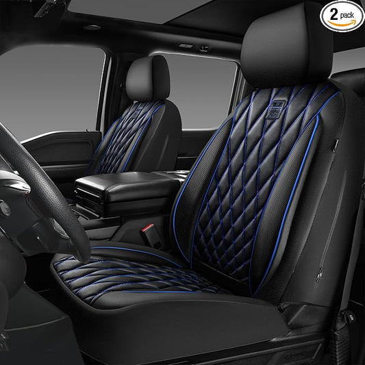CAR PASS Piping Luxury PU Leather Two Front Car Seat Covers,Waterproof Anti- Slip Seat Covers Compatible with Front Seat Armrests,Universal Fit for Suvs,Vans,Trucks,Airbag Compatible(Black and Blue)