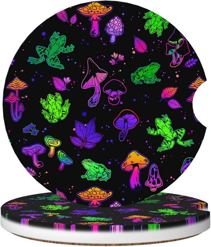 Bright Mushrooms Frogs Absorbent Ceramic Car Coasters 2 Pack Round Insert Cupholder Coaster Car Cup Holder Mat with Finger Notch Anti-Slip Cork Base Reusable Drink Coasters 2.56 in