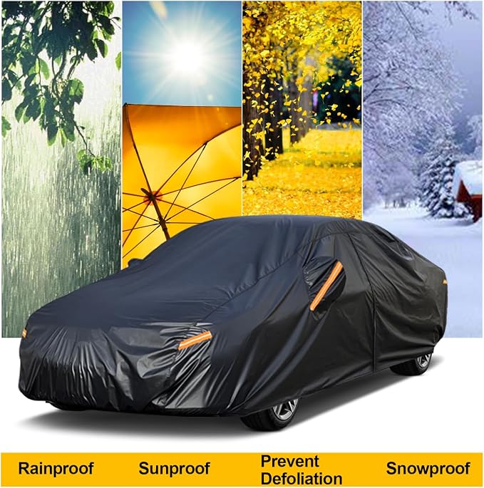 kayme Car Cover for Automobiles All Weather Waterproof with Lock and Zipper Door, Outdoor Cover Sun Uv Rain Protection, Fit Sedan (186 to 193 Inch) H3/Black