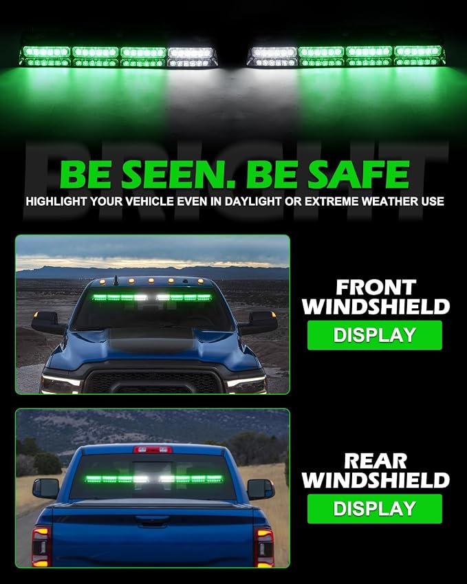 HLauto 604N Emergency Dash Strobe Lights: 2x16.8 inch Green Security Light w/Take Down, 48 LED Safety Flashing Warning Hazard Interior Windshield Light Bar for Truck Vehicle