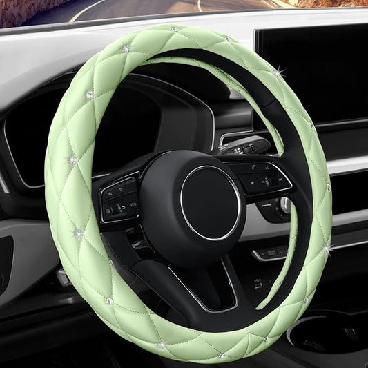 YOGURTCK Cute Diamond Soft Leather Anti-Slip Steering Wheel Cover with Bling Bling Crystal Rhinestones, Universal 15 Inch for Women Girls, Fit Vehicles, Sedans, SUVs, Vans, Trucks - Neon Green