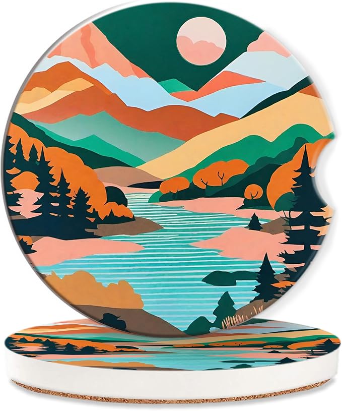 Mountain Car Cup Holder Coaster,Forest Tree Lake Sunset Car Coasters for Cup Holder,2 PCS Absorbent Insert Ceramic Car Assecories with Cork Back & Finger Notch for Women Men