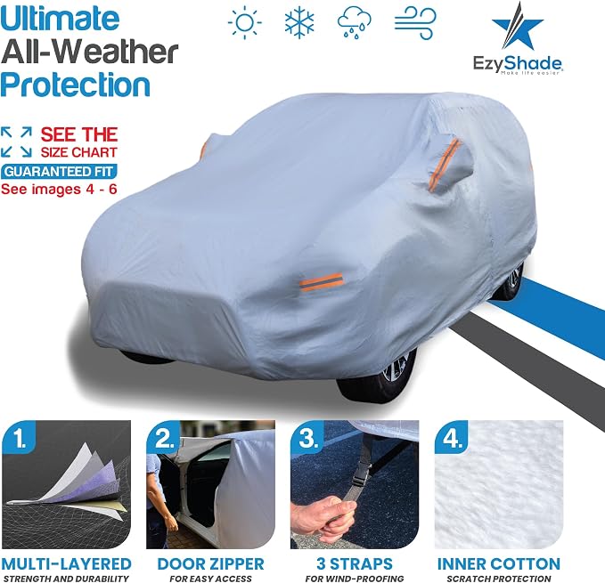 EzyShade Multi-Layer SUV Car Cover Waterproof All Weather - See Vehicle Size-Chart - Outdoor Full Exterior Covers for Automobiles - Heavy Duty Tarp Jeep Rav4 Equinox Trax CRV. Size S5 (See SizeChart)