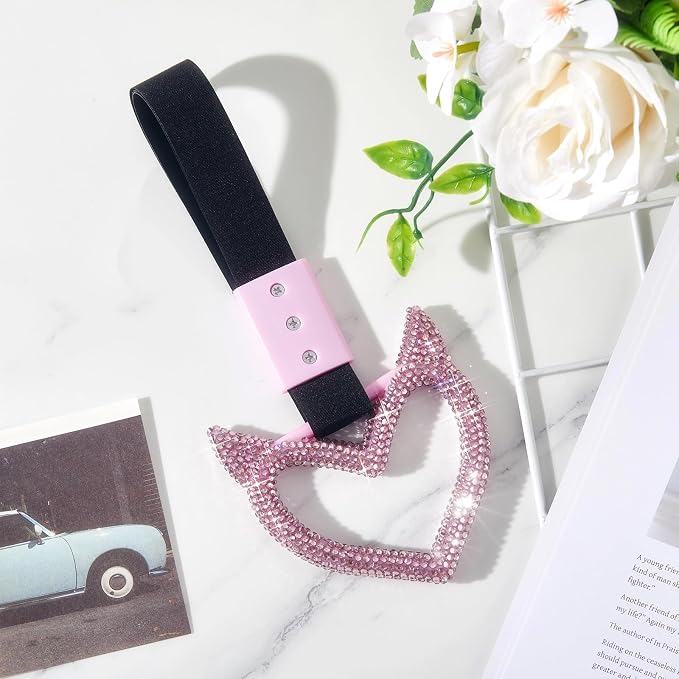 Fabbay Glittery Car Accessories Bling Heart Handle Ring Car Accessory for Women Heart Hand Strap Drift Charm Rear Bumper Warning Ring Decor for Bus Interior Exterior Decoration (Pink, Devil Style)