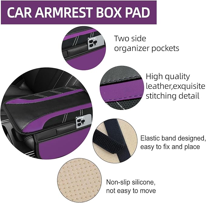 NBTEPEM 6 Pcs Purple Car Accessories Set, Sport Leather Steering Wheel Cover 14.5-15inch Universal, Leather Car Center Console Cover, Seat Belt Cushion, Cup Holder Coaster (Black-Purple)