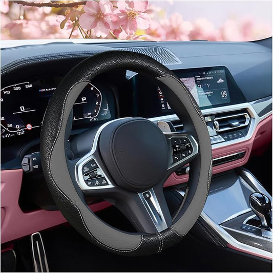 SuperKaKa Gray and Black Car Steering Wheel Cover 2025, Universal Auto PU Cute Breathable Slip-Proof Comfort Imitation Leather Protector Cars Interior Accessories for Women Men Fit Most Vehicle