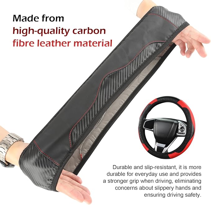 Car Steering Wheel Cover,15 Inch Carbon Fiber Leather Elastic Steering Wheel Protector, Anti-Slip Soft Breathable Driving Wheels Covers, Universal Auto Interior Accessories for Vehicle (Red)