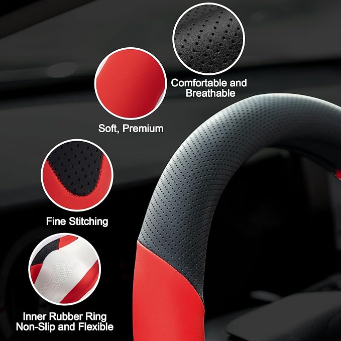 West Llama Customized Auto Car Steering Wheel Cover for Toyota Camry 2006-2025 2026 SE XSE Hybrid LE XLE 2006-2026, Microfiber Leather, 14.5-15inch, Black + Red