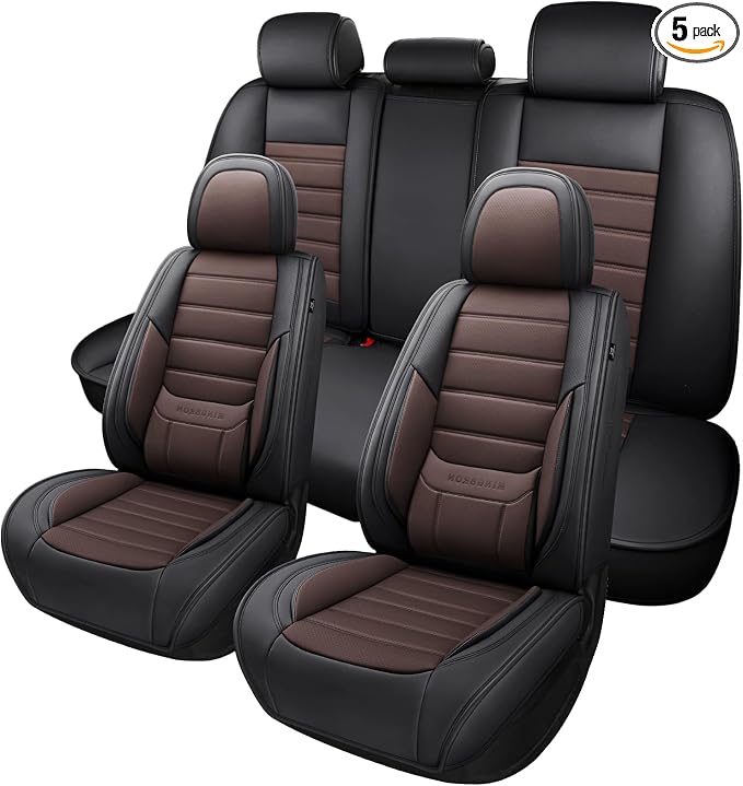 MINGBRON Car Seat Covers Full Set, Brown Car Seat Cover Lumbar Support, Car Seat Protector Waterproof, Nappa Leather Car Seat Cushion, Front Seats and Back Fit for Most Cars
