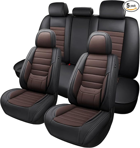 MINGBRON Car Seat Covers Full Set, Brown Car Seat Cover Lumbar Support, Car Seat Protector Waterproof, Nappa Leather Car Seat Cushion, Front Seats and Back Fit for Most Cars
