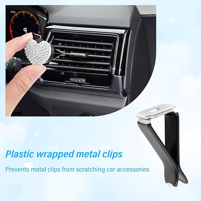 4PCS Bling Car Vent Clips with Rhinestone,Cute Heart Air Vent Clips for Interior Decorating,Shiny Air Vent Clips Car Accessories as Birthday Gifts for Women & Girls (White)