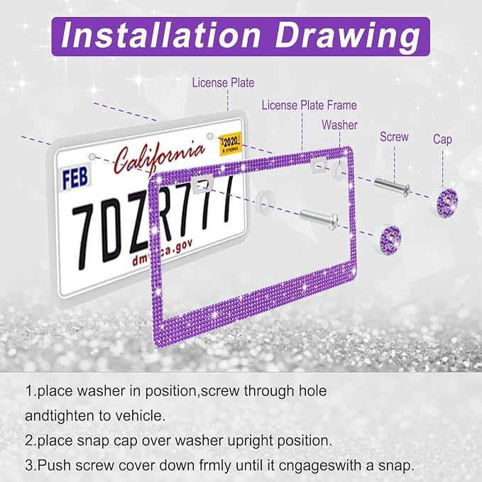 Amiss Bling License Plate Frame for Women, 1Pack Rhinestone Handcrafted Crystal Premium Stainless Steel, Stainless Steel Car Decorative Accessories with Diamond Sparkle Glitter Caps (Purple)