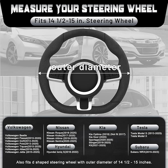 SEG Direct D Shaped Steering Wheel Cover for 14.5-15 inch Flat Bottom Wheels, Breathable Perforated Microfiber Leather, Anti-Slip Grip, Universal Fit for Cars & SUVs, Black and Gray