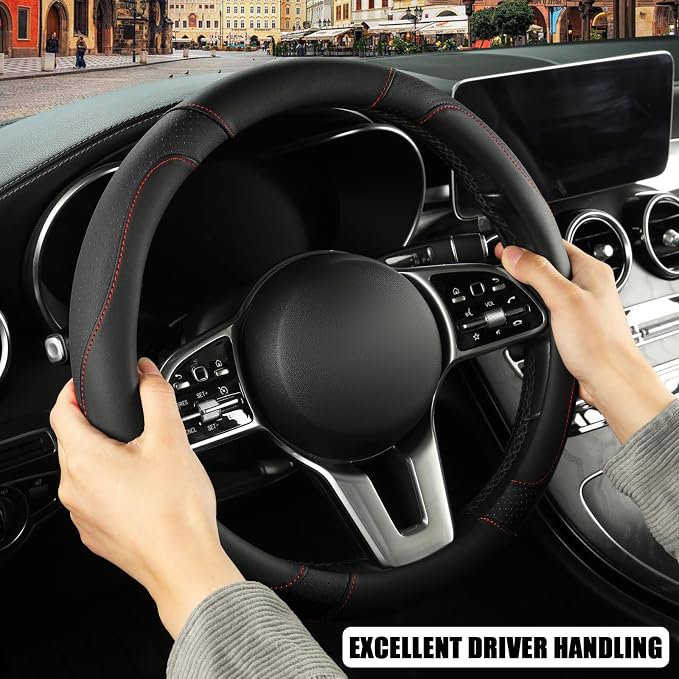Black Microfiber Leather D Shaped Steering Wheel Cover | Breathable Anti Slip Grip Cool Sporty Look Glow for Women Men