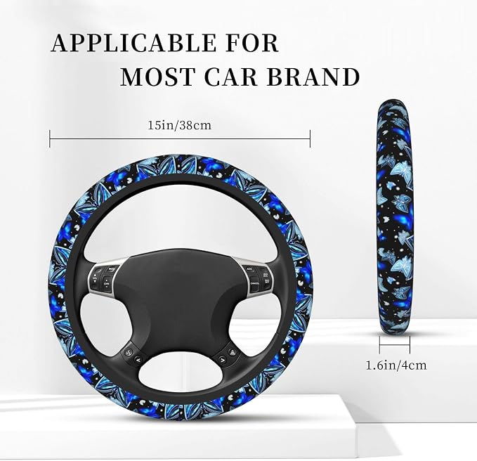 Sparkle Blue Butterfly Steering Wheel Cover for Women Men Girls Car Accessories Decor Anti-Slip Neoprene Auto Steering Wheel Covers Protector Universal 15 Inch