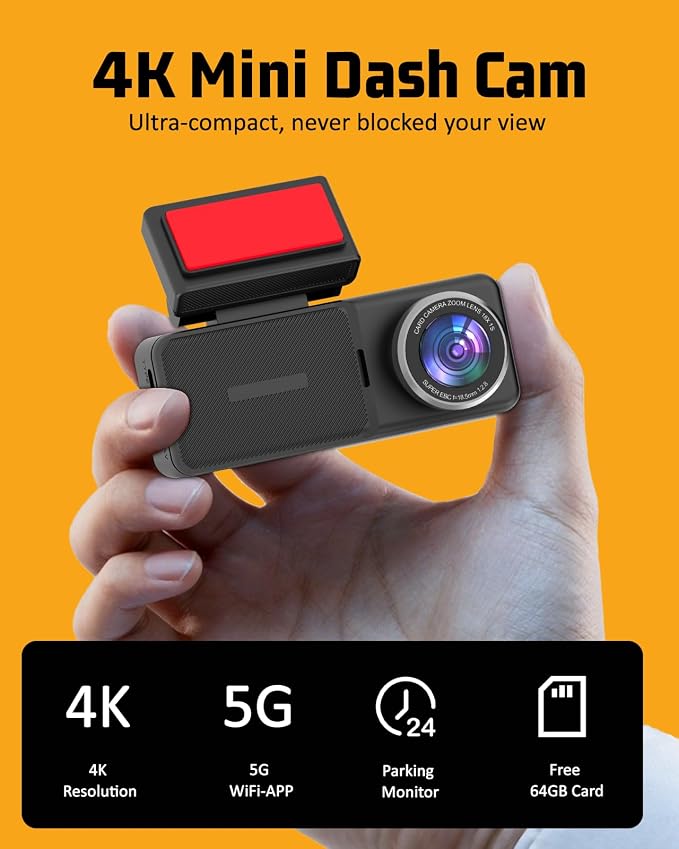 4K Dual Dash Cam Front and Rear, 4K+2K Dashcam with 5GHz WiFi & APP Control | Dash Camera for Cars with 64GB Card, 24H Parking Monitor, Night Vision, Loop Recording, G-Sensor, WDR, 3.2" IPS Screen