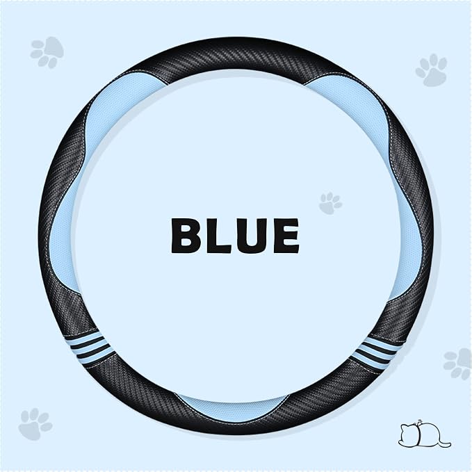 HighnessHwoo Car Steering Wheel Covers for Women Padded Carbon Fiber PU Leather Cute Auto Interior Accessories for Vehicle, Sedan, Universal, Anti Slip, Blue, Standard Size, 14.75-15.15in