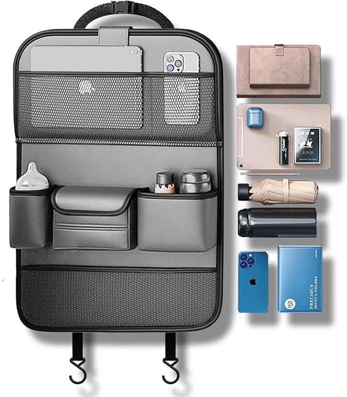 2 Pack Leather Car Seat Back Organizer with Foldable Tray Table, Backseat Car Organizer with Tablet Pocket, Cup Holders, Tissue Pocket, Mesh Pockets, Kick Mat Gray