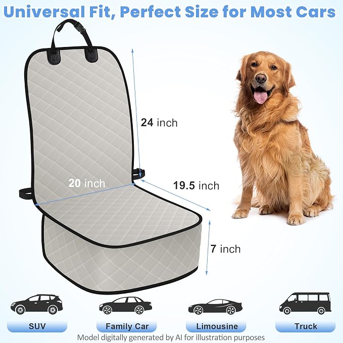 ELONGRIVER Dog Car Seat Covers, Waterproof Front Seat Cover for Dogs, Scratch-Proof, Nonslip Pet Passenger Seat Cover Protector, Universal Fit for Cars Trucks SUVs, Standard Size, Beige