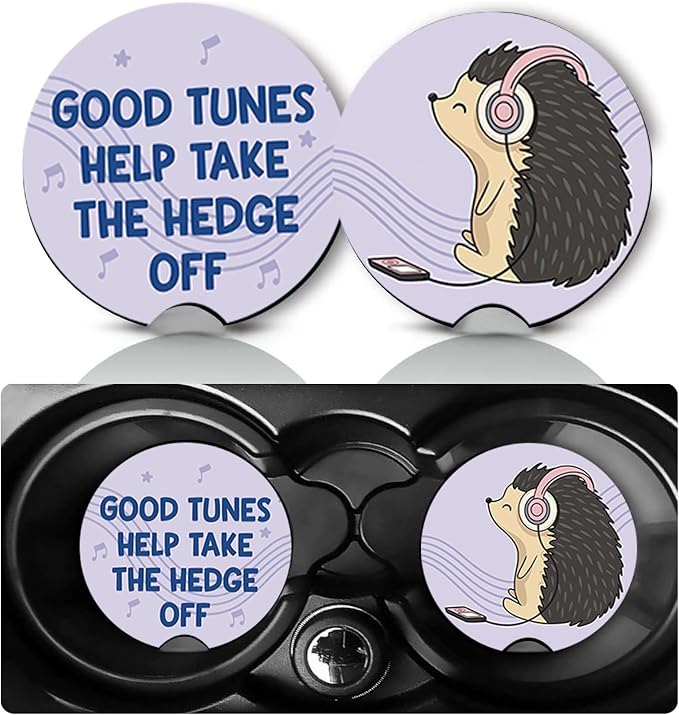 2 Pack Hedgehog Car Cup Holder Coasters Neoprene Anti Slip Rubber Mat | Hedgehogs Car Accessories Decor 2.75" Universal Size Insert Auto Coasters Hedgehog Gifts for Women Men