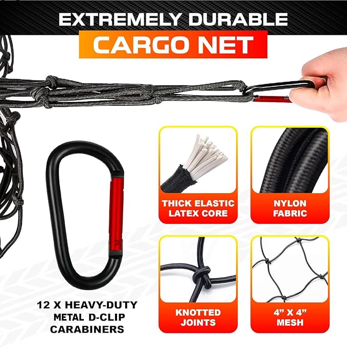 [Premium] 5'x7' Heavy Duty Cargo Net Stretches to 10' x 14', Extra Thick 10mm Cord Bungee Cargo Netting for Pickup Truck Bed, Roof Rack Net & 12 PCS Steel Carabiners | Extra Thick 10mm Cord Bungee Cargo Netting for Pickup Truck Bed, Roof Rack Net & 12 ...