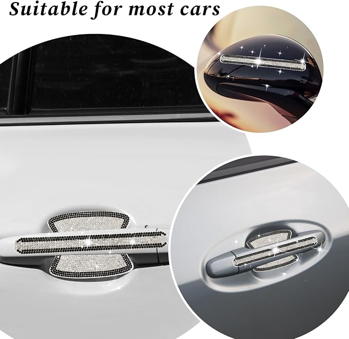 10PCS Car Door Handle Protector Bling Rhinestones Stickers Universal Auto Door Handle Scratch Cover Guard Protective Film Pad with Safety Reflective Strips Bling Car Accessories (Silver and Black)