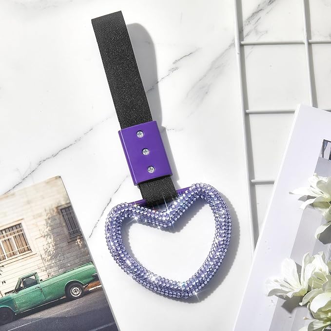 Fabbay Bling Car Accessories Bling Heart Handle Ring Car Accessory for Women Hearts Strap Drift Charm Rear Bumper Warning Ring Decoration for Auto Bus Interior Exterior (Light Purple,Heart Style)