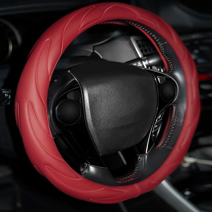 Steering Wheel Cover with Anti-Slip Leather Grip Compatible with Ford, Toyota, Honda, Nissan, and Chevrolet Vehicles for 14.5-15.35 inch Round Steering Wheels Universal Car Accessories